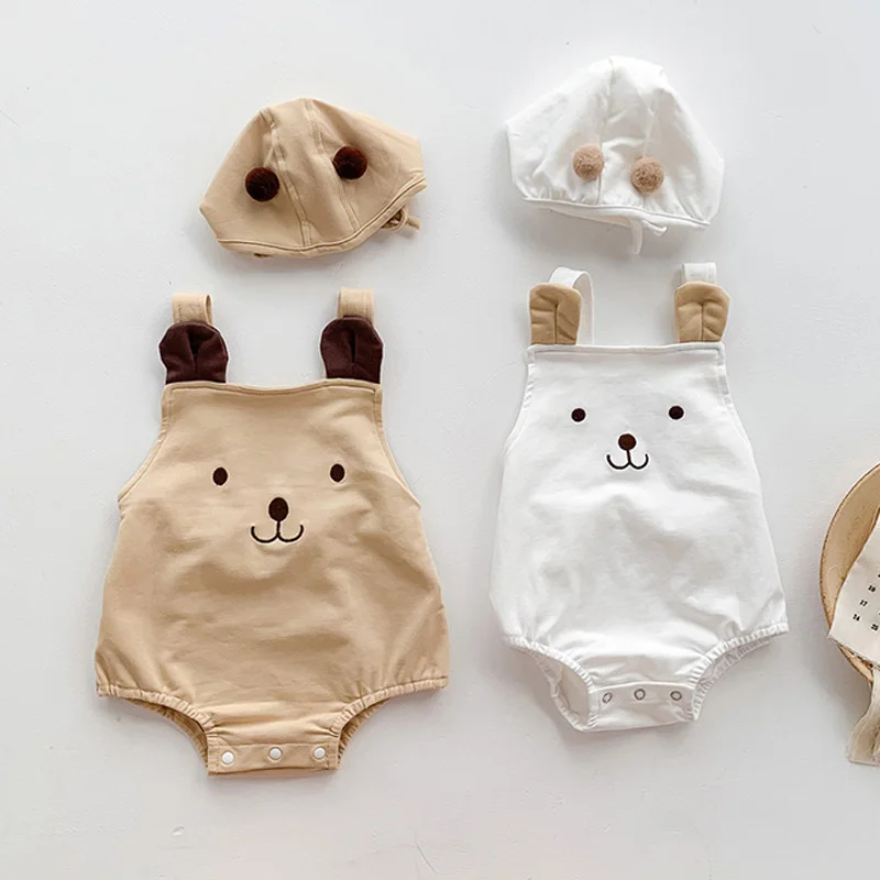 Summer Baby pagliaccetto cappello Set 2 pezzi Sling tuta per ragazzo ragazza Cartoon Bear senza maniche body Toddler Infant Clothes corea Outfit