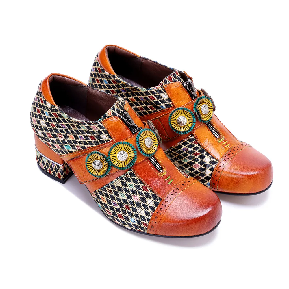 4.5CM Genuine Leather Women Shoes Plaid Splicing Flower Breathable Women Hook Loop Shoes Orange for Women Spring Autumn Shoes view 3