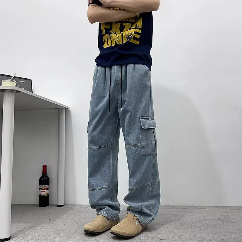 Vintage Washed Mens Wide Leg Jeans, Relaxed Cargo Denim Pants with Pockets, Casual Streetwear for Spring Summer Fall