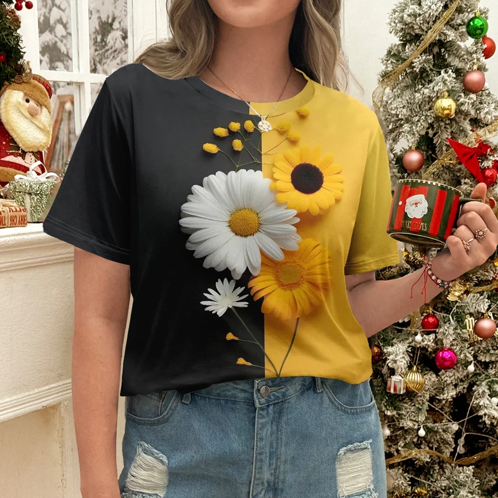 

Женская черная, желтая футболка с 3D принтом подсолнечника и ромашки, натуральная художественная повседневная летняя стильная футболка с короткими рукавами, унисекс, уличная одежда Y2K