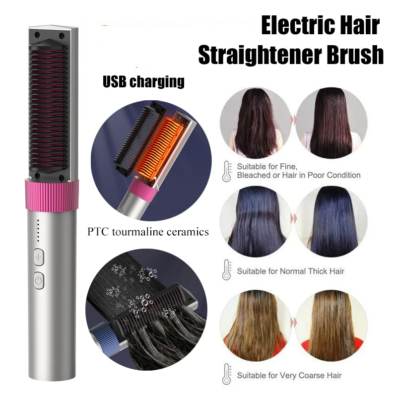 2024 Wireless Hair Straightener Hot Comb Anti-scald Professional Electric Brush Smoot Hairstyle Iron Negative Ion Hair Care Comb