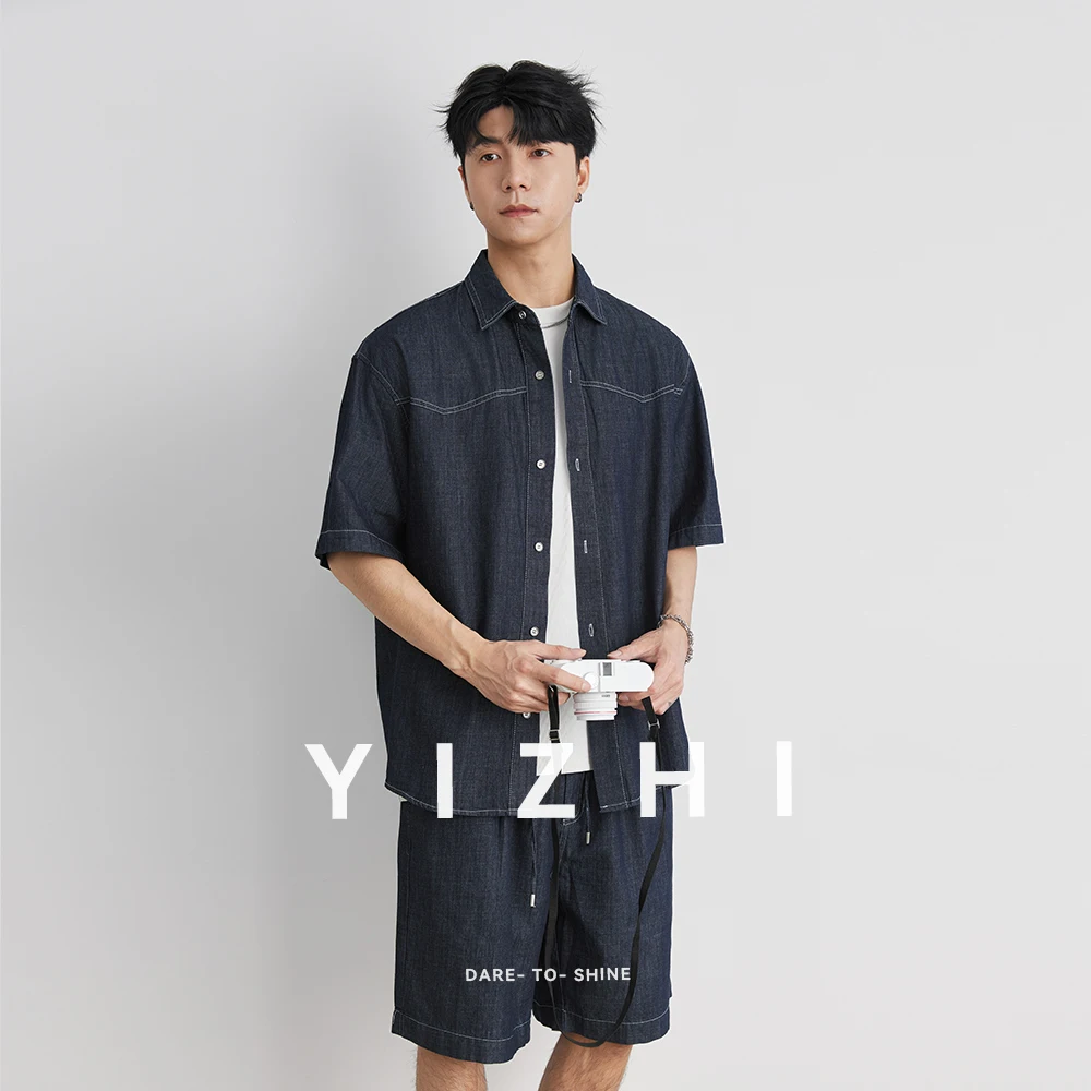 Men's Denim Short Sleeve Shirt Shorts Suit Summer Hot Style Cotton Fabric Lapel Shirt Button Design Fashion Urban Trendy Men
