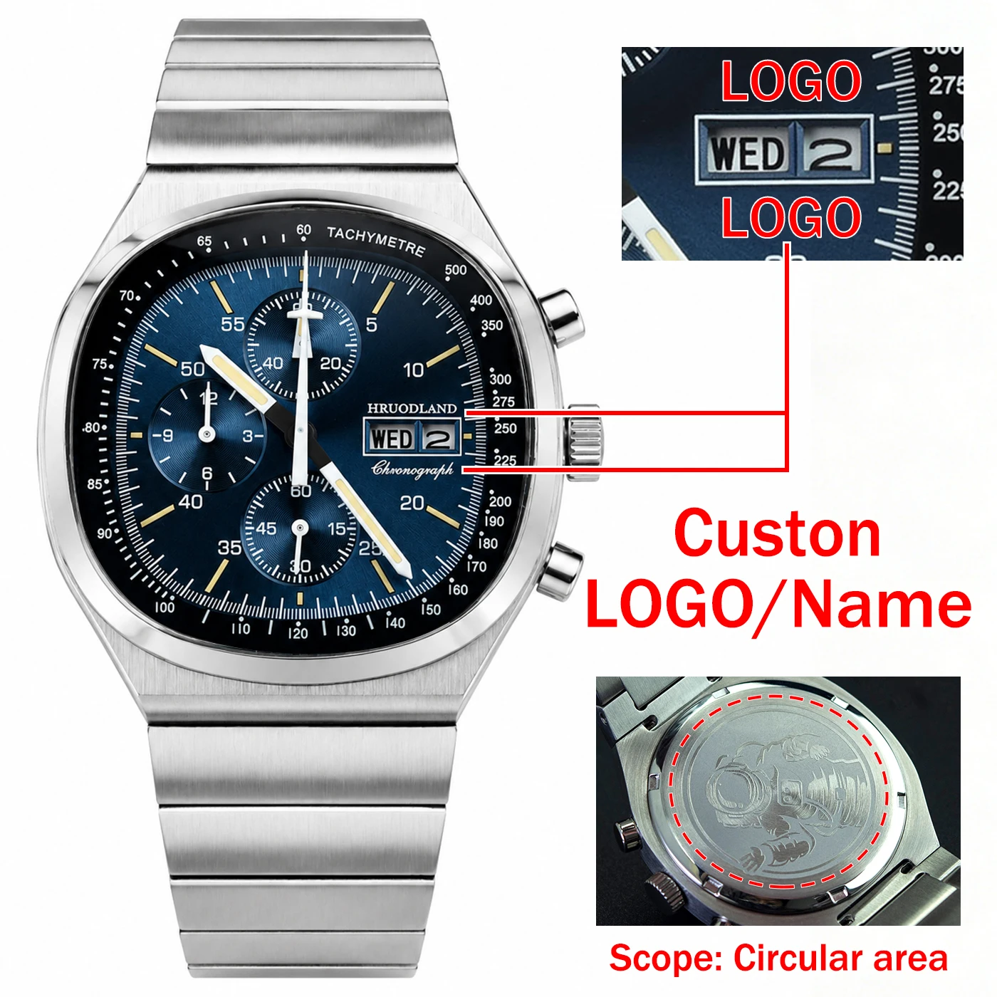 HRUODLAND Custom Logo Chronograph Men Personalized Watches Sapphire Crystal Tachymeter Bezel Lume Customized Quartz Wristwatch