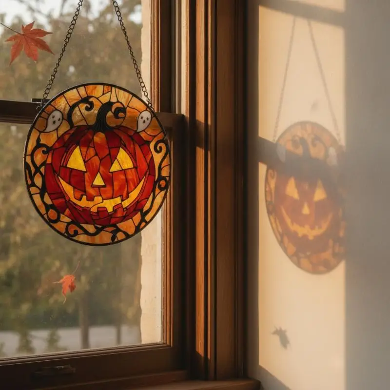 Stained Glass Pumpkin Suncatcher Cute Halloween Ghost Design Hanging Window Ornament for Party Porch Yard Decoration Gift