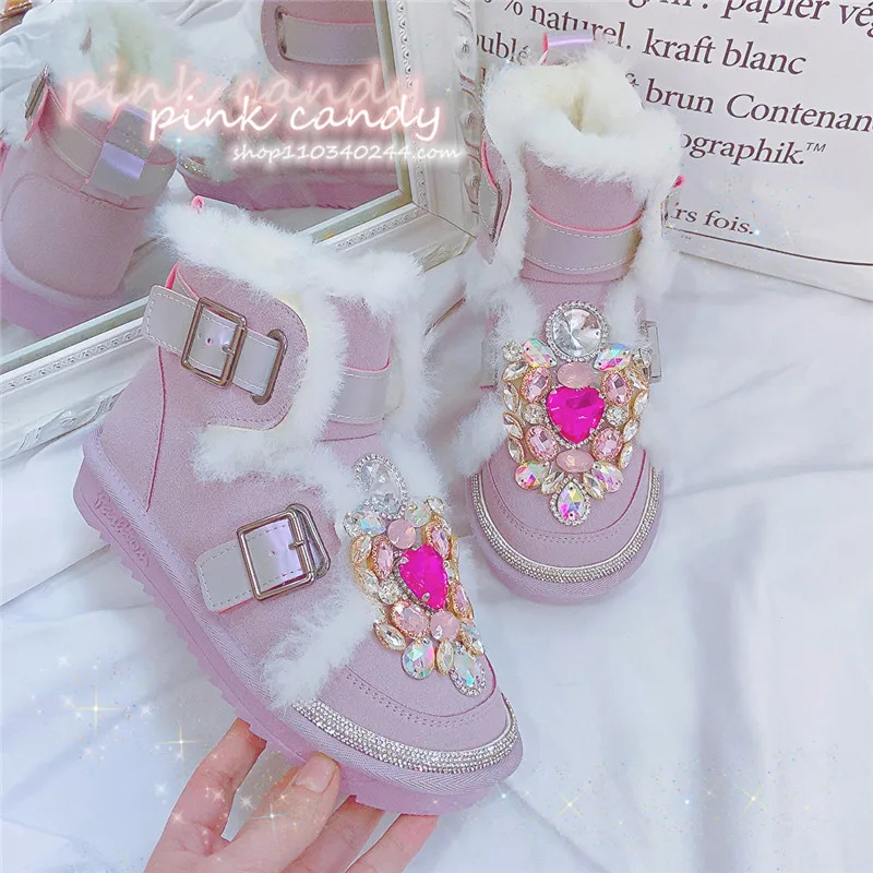 Winter thickened diamond-encrusted fairy pink short tube warm cotton boots