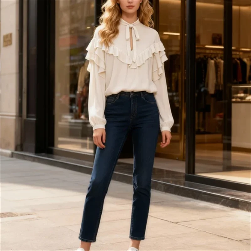 

2025 Fall Fashion Trendy Sexy Women's Bow Layered Decorative Shirt