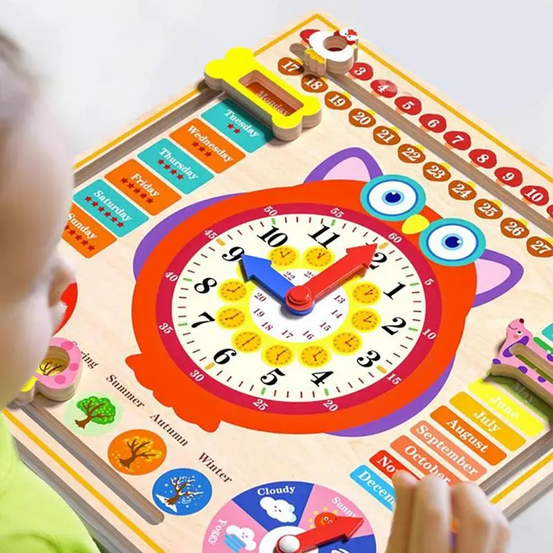 Wooden Clock Model Teaching Aid,Montessori Learning Clocks with Cards,Kindergartner Toy for Game,Interaction Playroom Wall