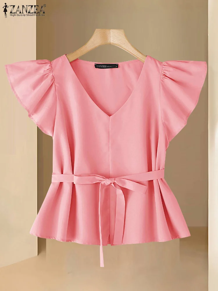 

2025 Summer Blouse Women ZANZEA Elegant Lady Satin Slik Tops Fashion V-Neck Short Sleeve Ruffled Shirt Casual Solid Color Blusas