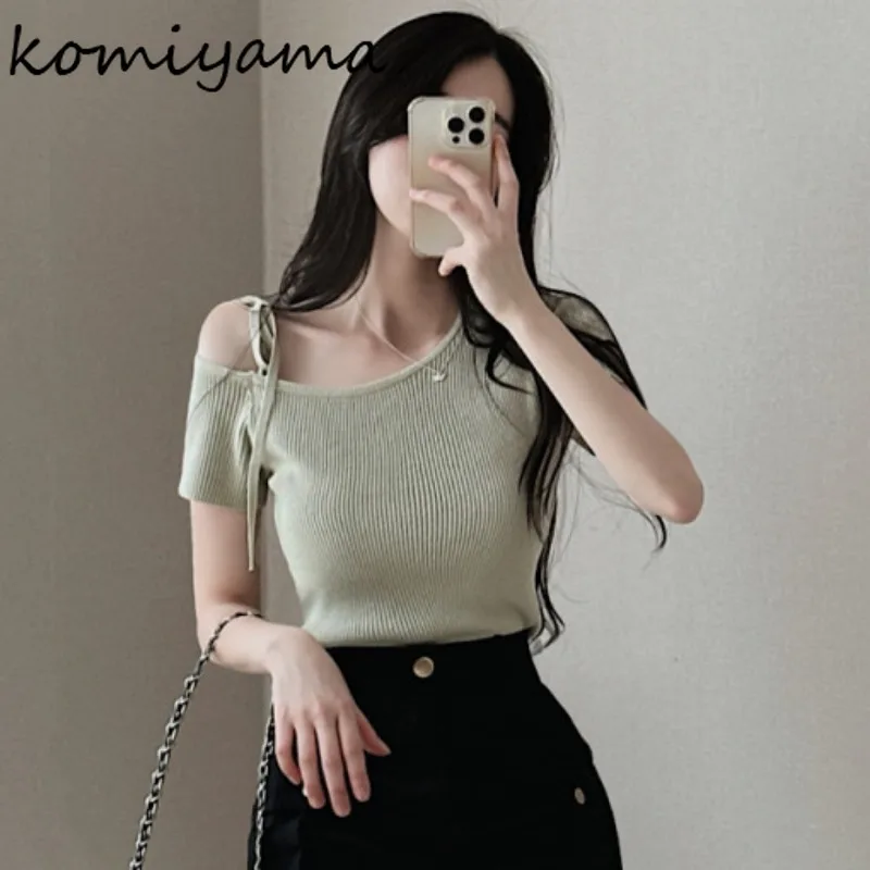 Feminino Sexy Off Shoulder Ropa Mujer Short Sleeve Camisetas Lace-up Bow Women 2024 Tops Summer T Shirt Korean Elegant Tees