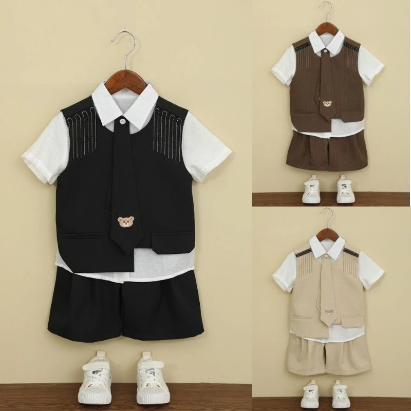 Boys Summer Vest Shorts Suit Set with Fringe Epaulettes Tie School Kids Stage Performance Host Costume 4-12Y Teen Formal Outfits