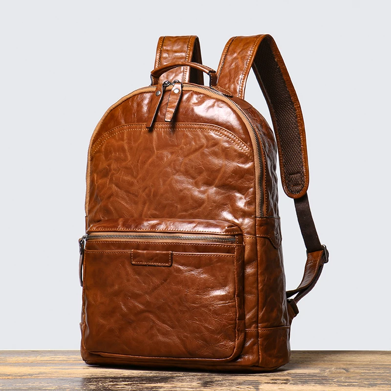 Vintage Real Leather Travel Backpack for men\'s Leisure Outdoor Bag School Bags 15 Inch Laptop Backpack Gift for Husband