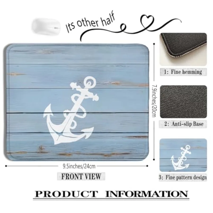 Nautical Anchor Mouse Pad, Rustic Blue Coastal Nautical Marine Beach Mousepads for Wireless Mouse Computers Laptop Desk Accesso