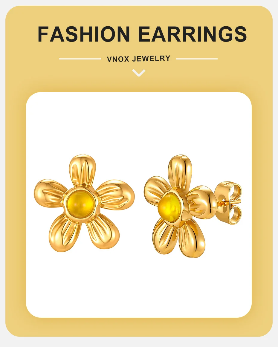 Vnox Trendige Minimalistische Vergoldete Gelbe Kristallblumen-Ohrringe aus Edelstahl, Florale Ohrringe für Party, Alltag und Hochzeit. – Detail 1