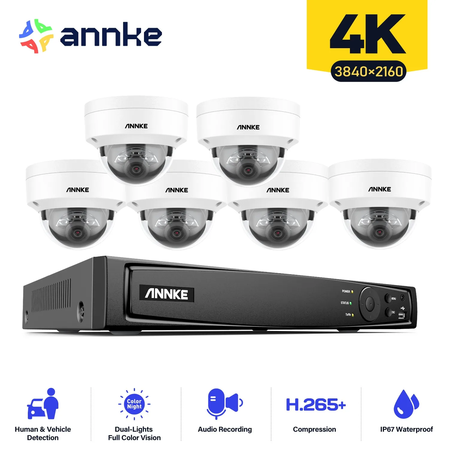 ANNKE NVR 보안 카메라 시스템, 스마트 듀얼 라이트 내장 마이크, 나이트 비전, 방수 비디오 CCTV 카메라 감시 키트, 8CH