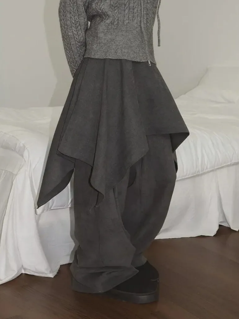 Unique Design Autumn Winter Faux Two-Piece Brushed Twill Wide Leg Pants with Skirt Hem Korean Style Long Pants for Women