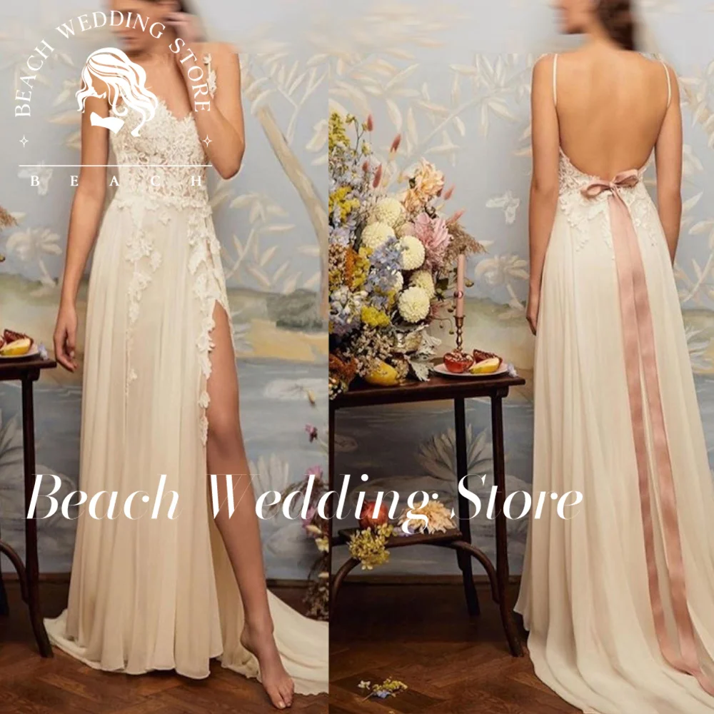 Beach Customized Bohemian Wedding  Side Slit With Court Train Backless Bridal Gowns Chiffon Lace Appliques Brilliant Simple