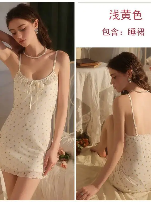 Süßes Mesh-Eisseidenkleid, sexy tiefes V mit Brustpolstern, reines Verlangen, faules Trägerkleid mit Blumendruck, rückenfrei, tiefes V, ärmellos ZHOK