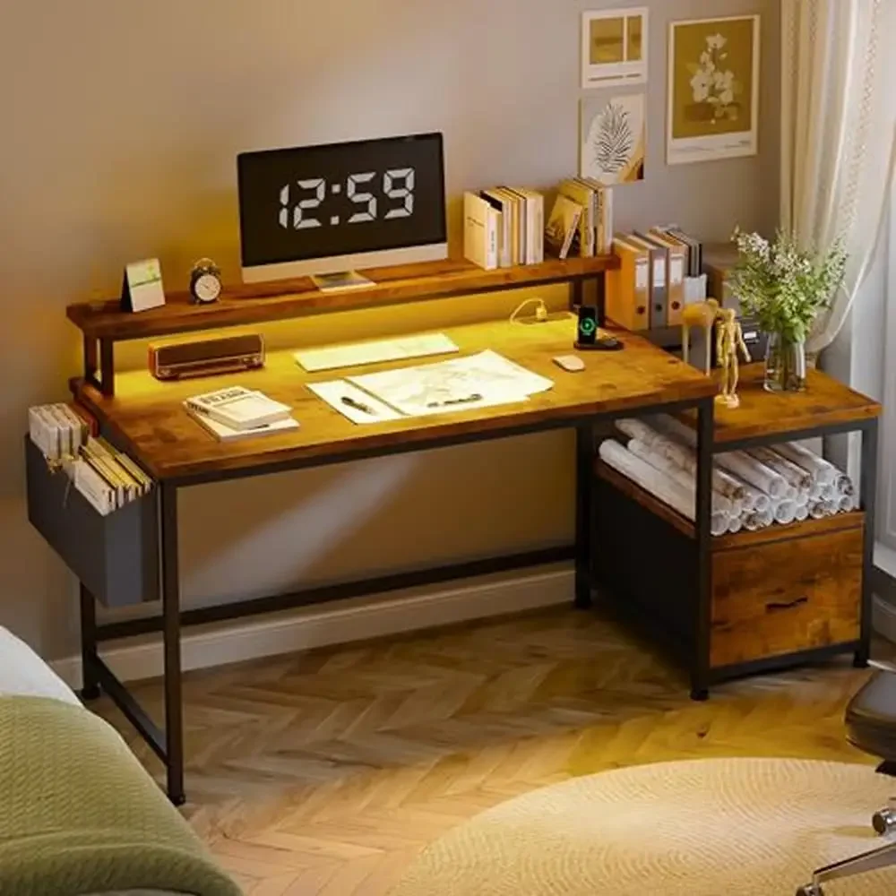 Computer Desk with File Drawers Cabinet Shelves Charging Station Monitor Stand Study Writing Gaming Desk Sturdy Metal Frame