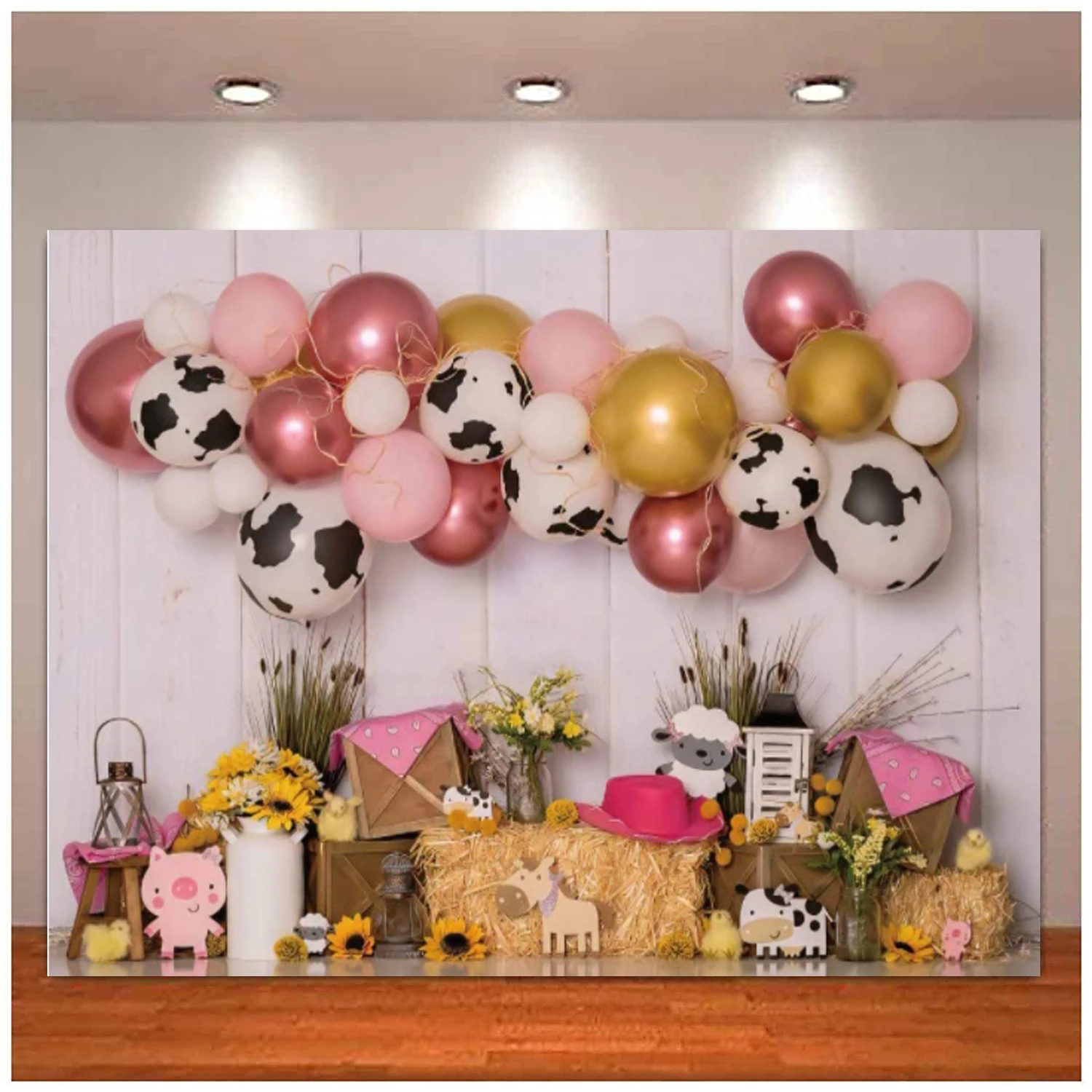 

Rustic Farm Baby Birthday Photography Backdrop Balloons Animals House Interior Decor Photo Background Baby Shower Kids Banner