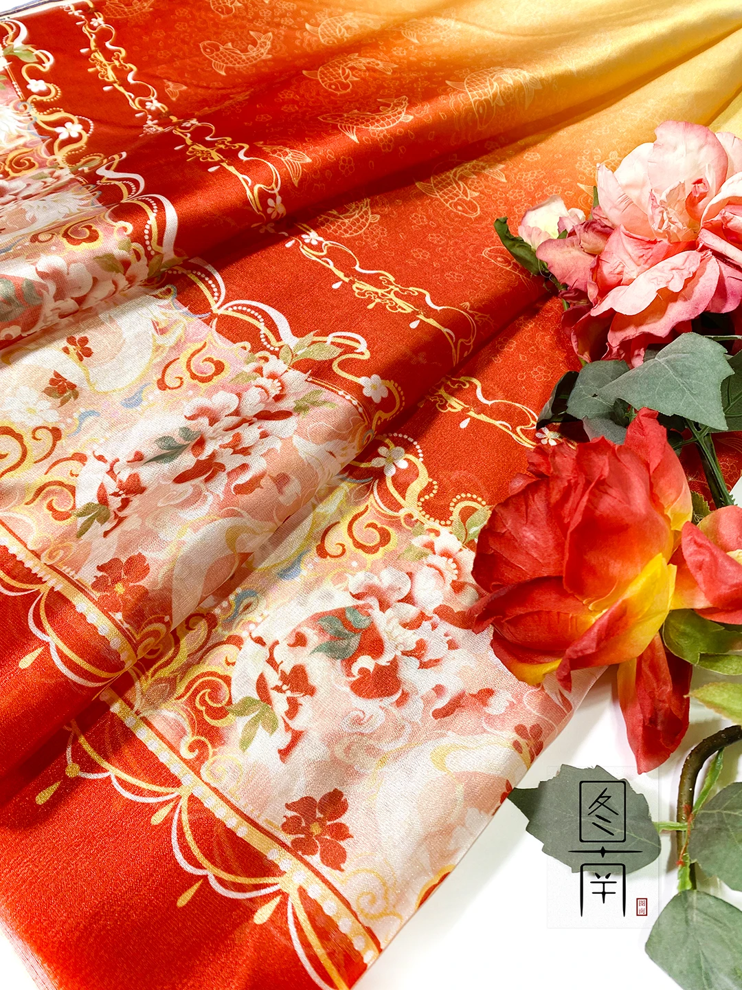 Chinese classical style  Printed chiffon Camellia sinensis embroidery fabric DIY hanfu shirts doll cloth 1meter