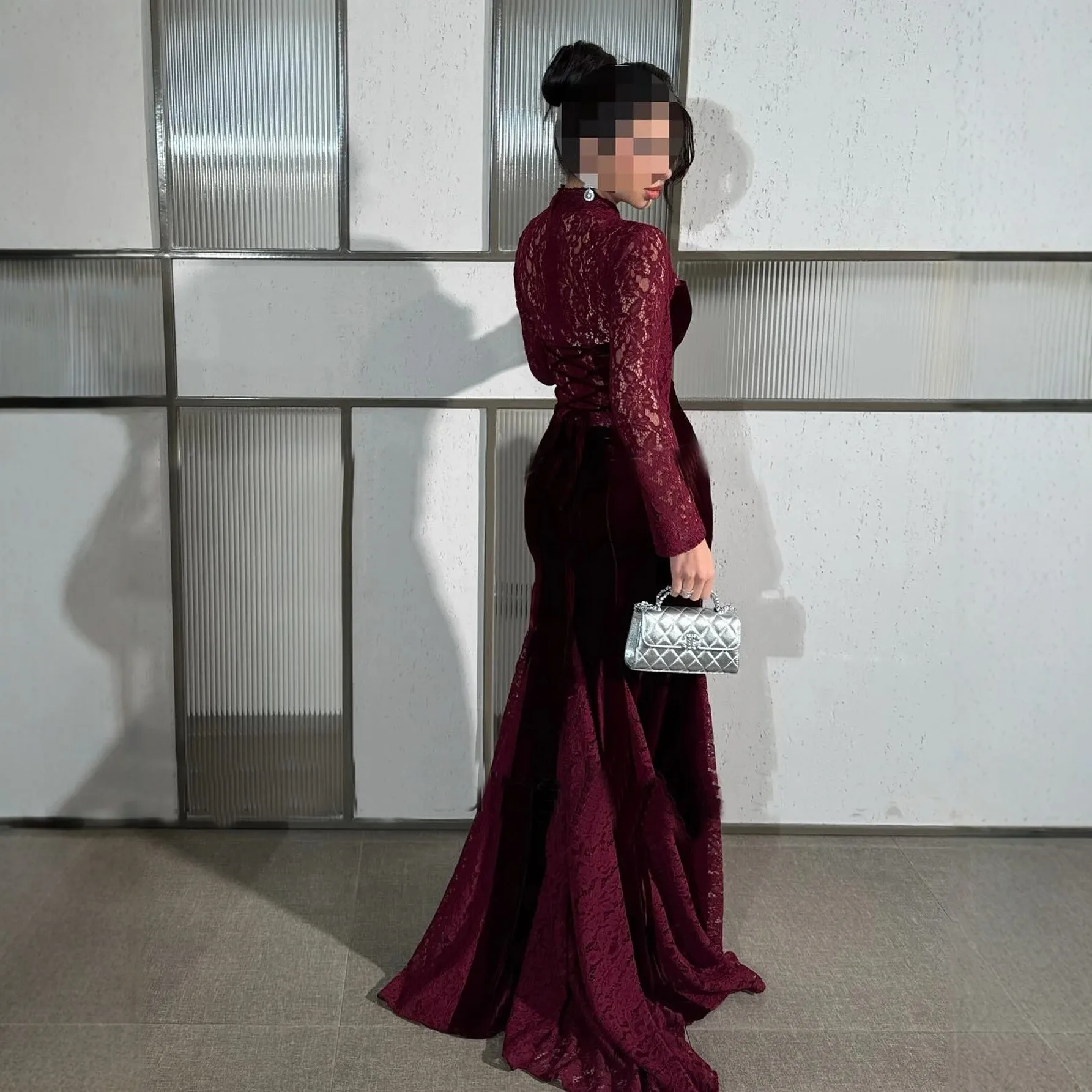 

2026 New Women's Wine Red Lace Long Sleeve Mermaid Evening Dress Formal Prom Gown Wedding Party Dress