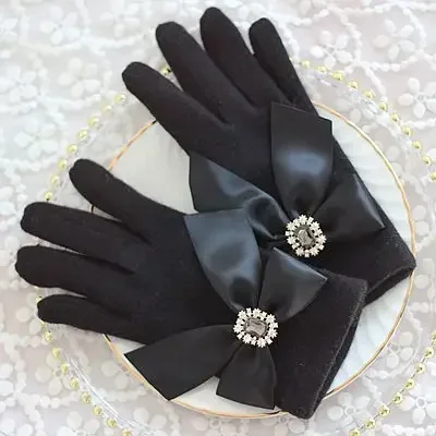 Japanese Lolita Bowknot Rhinestone Winter Wool Gloves Cute Girl Warm Woolen Driving Gloves Cashmere Women Gloves