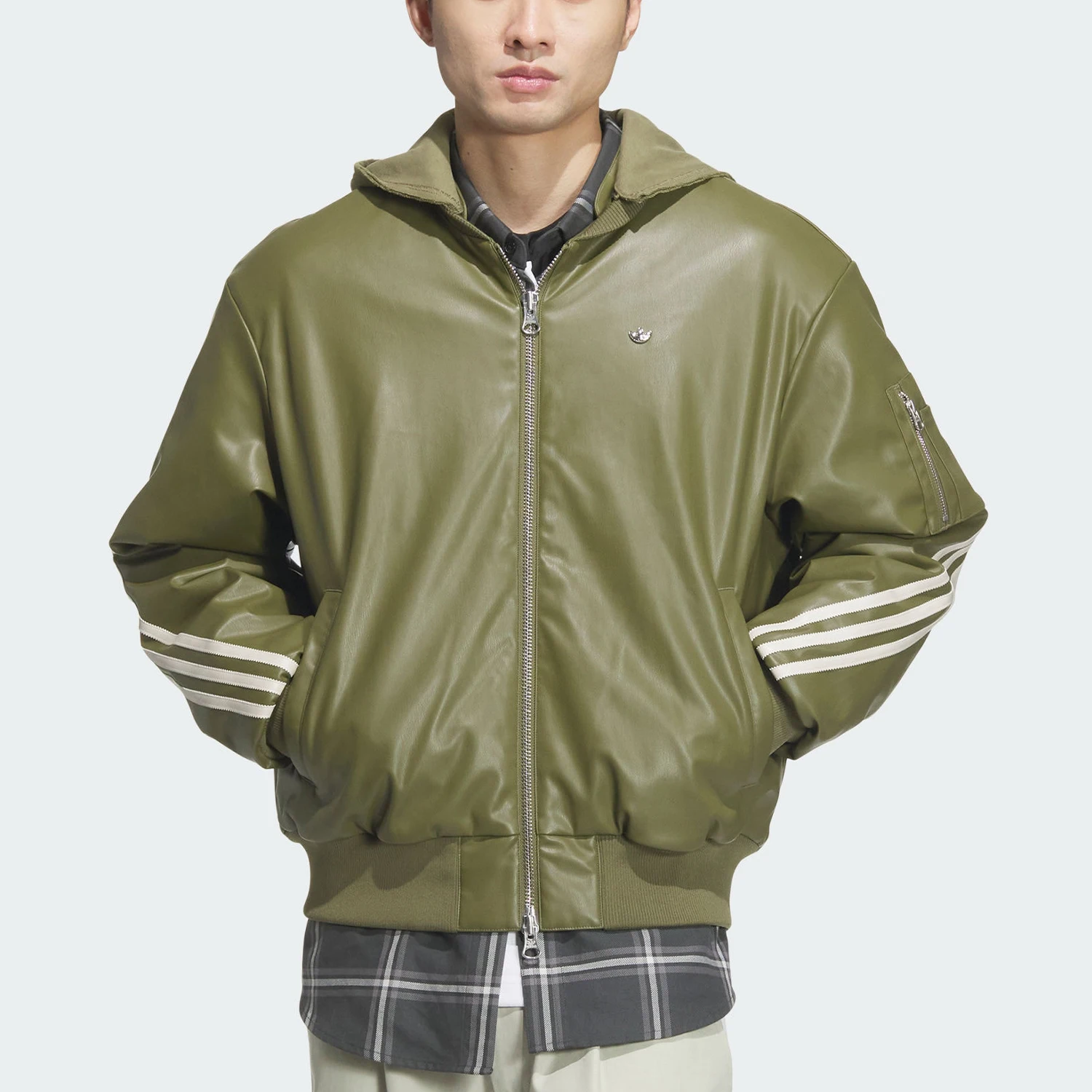 Adidas genuine clover men's faux leather sports fashion hooded jacket JL7557