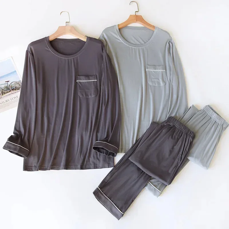 

Новый весенне-осенний мужской пижамный комплект из модала с длинными рукавами, брюки из двух предметов, свободный домашний костюм большого размера, пижамы для мужчин, одежда для сна