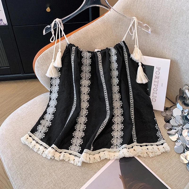 Summer Embroidered Sleeveless Camisole For Women Vintage Tassel Casual Loose Vests Fashion Beach Vacation Style Female Tops