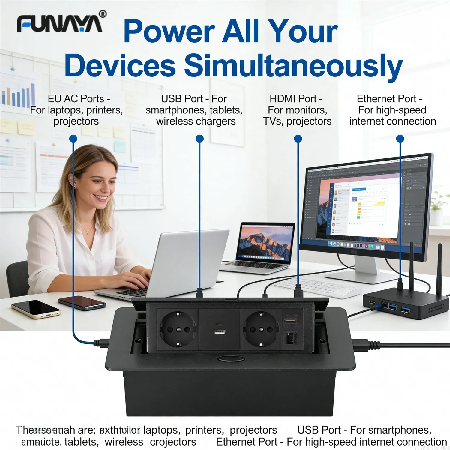 FUNAYA15A EU KR Pop Up Desktop Socket Built-in Table Outlet with USB Type C HDMI Ethernet Countertop Power Recessed Sockets