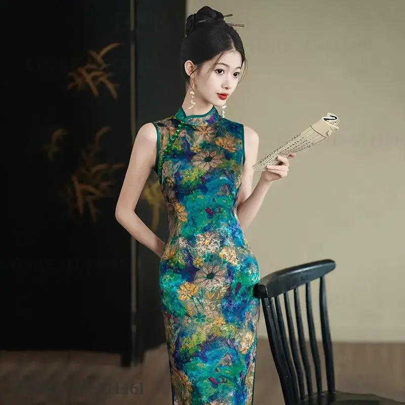 

Women's Long Cheongsam New Chinese Style Dresses Sexy Slim Split Sleevelss Qipao Retro Classic Print Flower Vestidos Party Dress