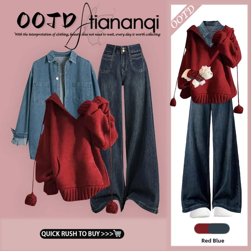 Casual Autumn Set Women's Red Knitted Sweater Denim irt High Waist Slimming Jeans Tee Piece Set Layering Faion Ensemble