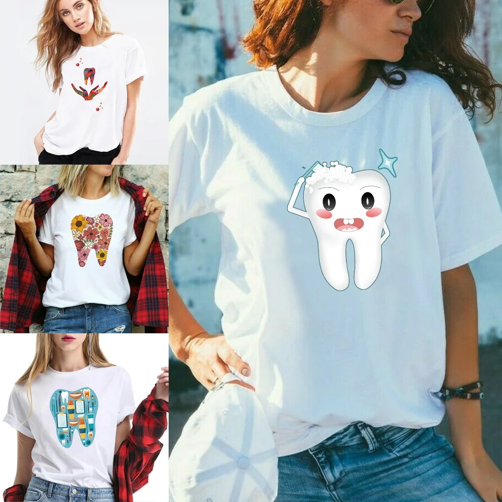 

TShirt Women 2022 Fashion Harajuku Summer Top Tee Couple Casual Cartoon Teeth Print Short Sleeve T Shirt