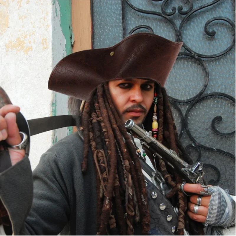

Role playing Pirate Hat Brown Leather Cowboy Hat Performance Caribbean Pirate Captain Jack Sparrow Role playing Triangle Hat