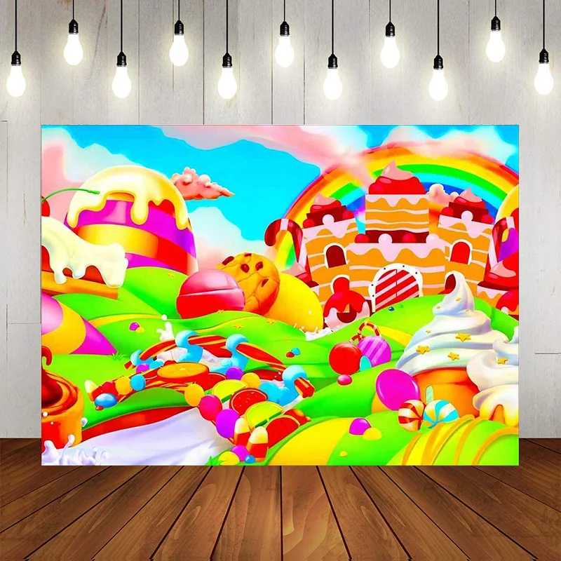 Beautiful Times Candy House Photography Cartoon Backdrop Ice Cream Dessert Lollipop Rainbow Birthday Party Banner Decoration