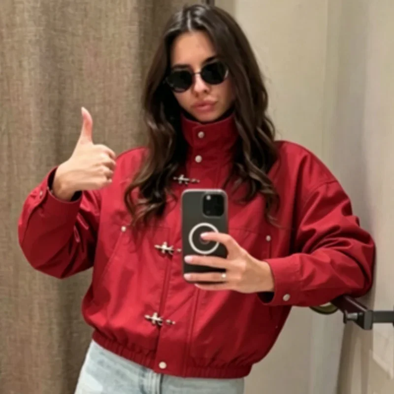 HXAO Unisex Rote Oversize-Jacke Damen-Bomberjacke Mittel-Saison 2026 Crop-Schnallen-Design Lockerer Langarm-Oberteil Modischer Streetwear-Mantel – Detail 9