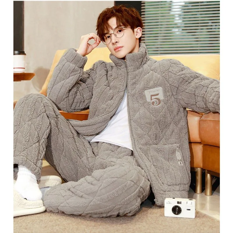 Pajamas Men Household Apparel Triple Layer Sleep Suit Cotton Thick Fleece Male Homewear Set Coral Warm Flannel Winter Loungewear