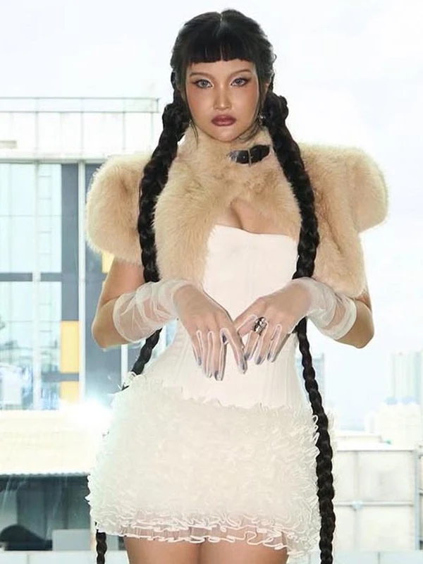 Fashionable Fur Crop Shawl Top Vest Women's Short Warmth Leatherette Warm Stand Collar Standard Fit Autumn New Style