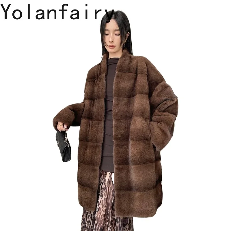 Yolanfairy Abrigo de Piel de Visón Entera para Mujer, Chaqueta de Lujo de Terciopelo y Visón Auténtico, Abrigo Esponjoso con Cuello en V, Prenda Exterior de Longitud Media