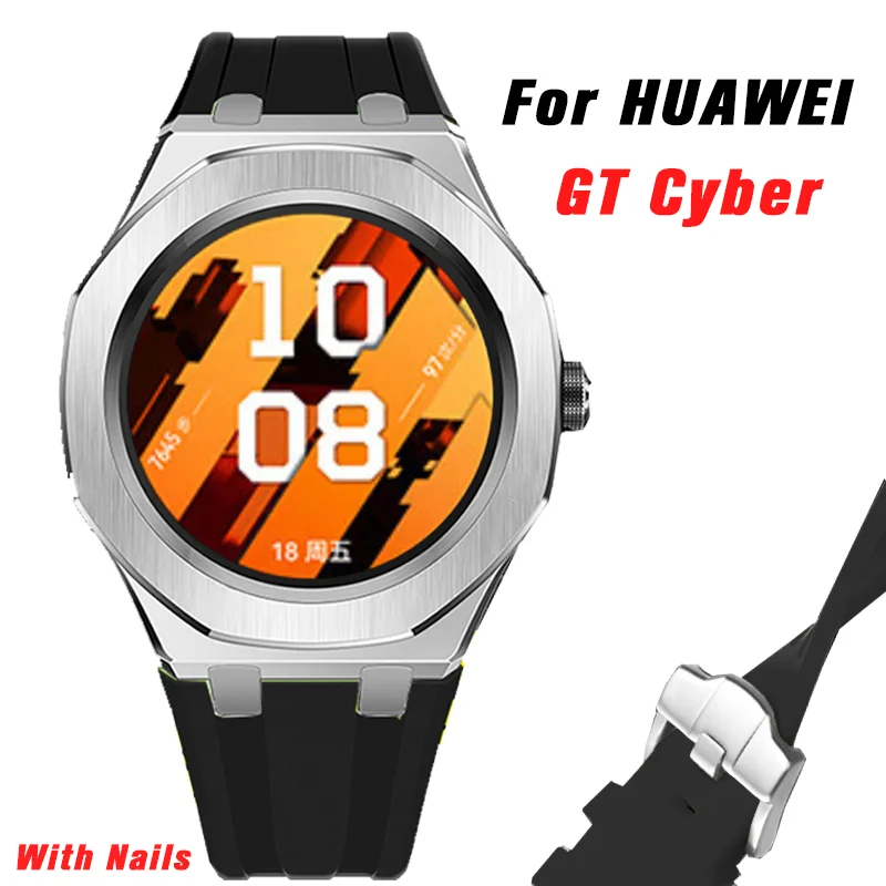 luxury-starp-modification-kit-for-huawei-gt-cyber-series-stainless-steel-case-rubber-bracelet-for-huawei-gt-cyber-silicone-band