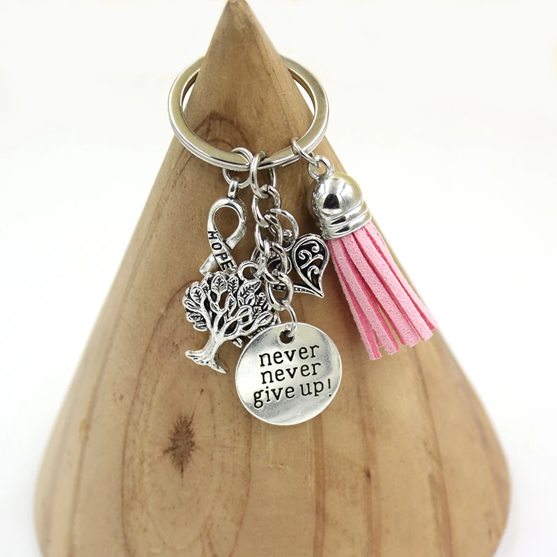 10PC Wholesale Awareness Pink Ribbon Tassel Key chain Breast Cancer Keyring heart life tree never give up charm Keychain Jewelry