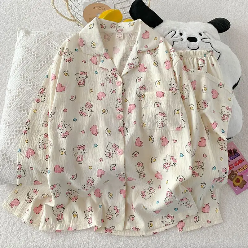 

Весенний пижамный комплект Sanrio Hello Kitty из двух предметов: брюки и рубашка с длинным рукавом ﻿ Женские пижамы Kawaii с мультяшными рисунками, домашний костюм, новинка