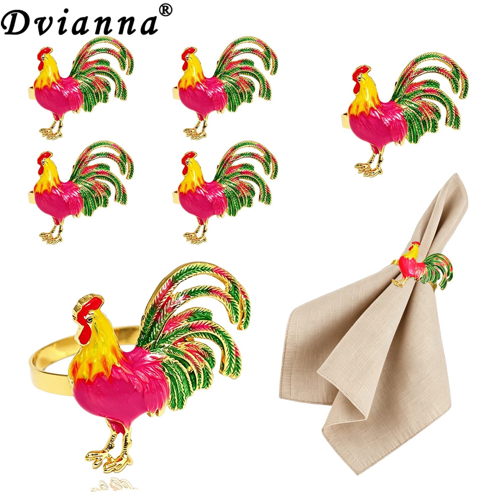 Dvianna Rooster Napkin Rings 6Pcs Metal Serviette Holders for Rustic Farm Dining Table Decor
