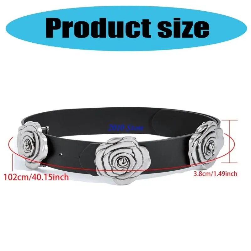 F3MF حزام ريترو قابل للتعديل للنساء مزين بأبازيم وردية واسعة من جلد البولي يوريثان حزام الخصر فساتين إكسسوار عصري #6