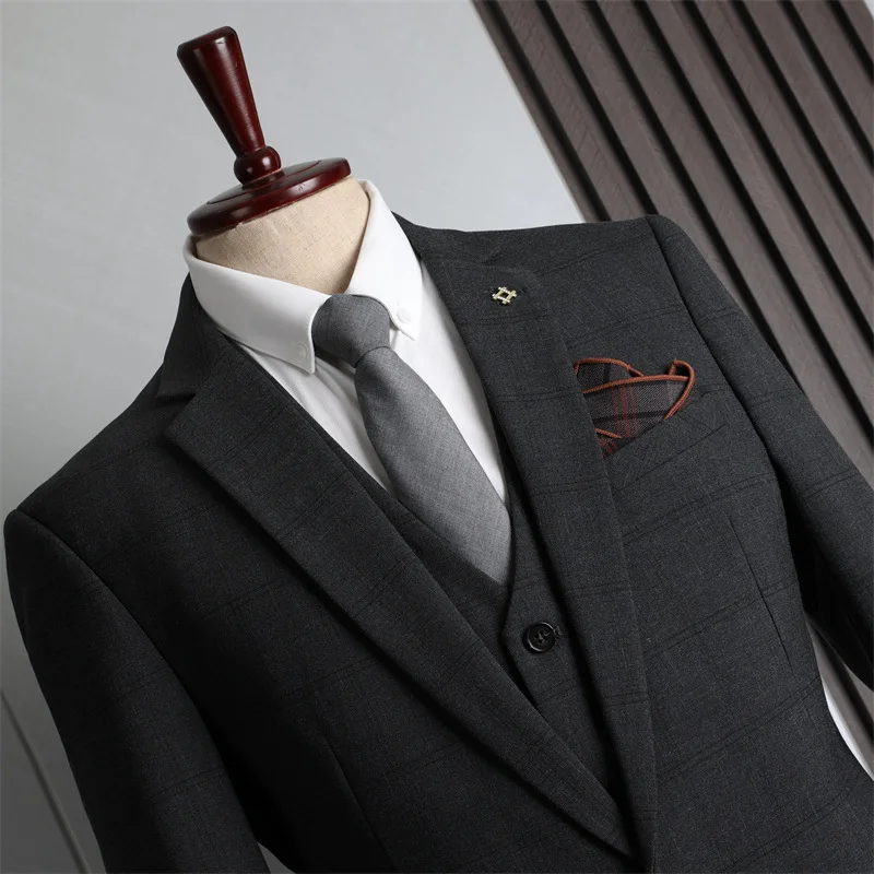 (41) Plaid Suit for Men, Three-piece Suit, Korean Style, Slim Fit, Professional Suit, Groomsmen Suit