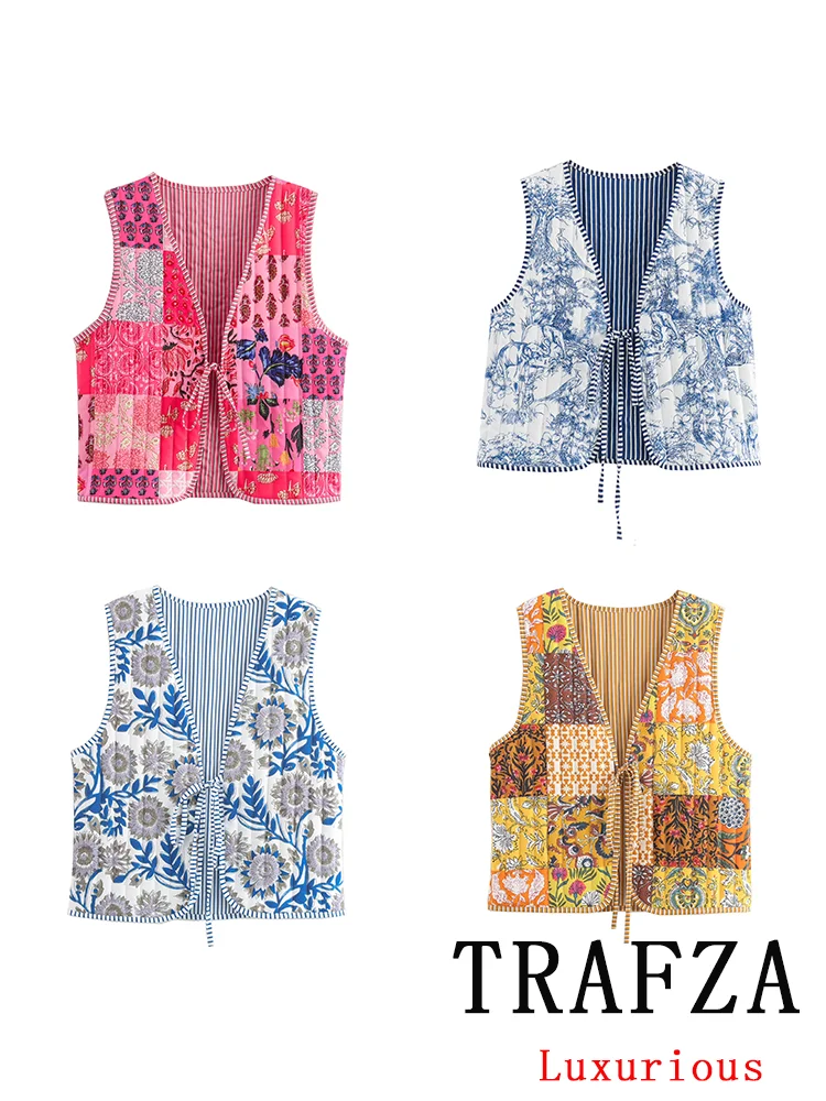 TRAFZA Vintage Casual Chic Women Vest Print V-Neck Lace-up Bow Sleeveless Short Vest New Fashion 2024 Autumn Holiday Female Tops