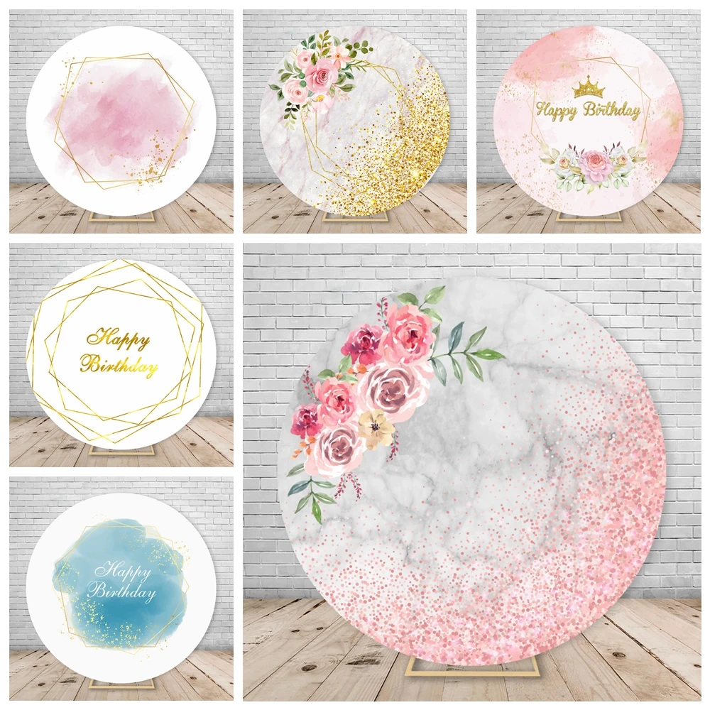 Round Abstract Marble Texture Wreath Flowers Background Cover Baby Shower Birthday Party Circle Photo Backdrop With Elasticity