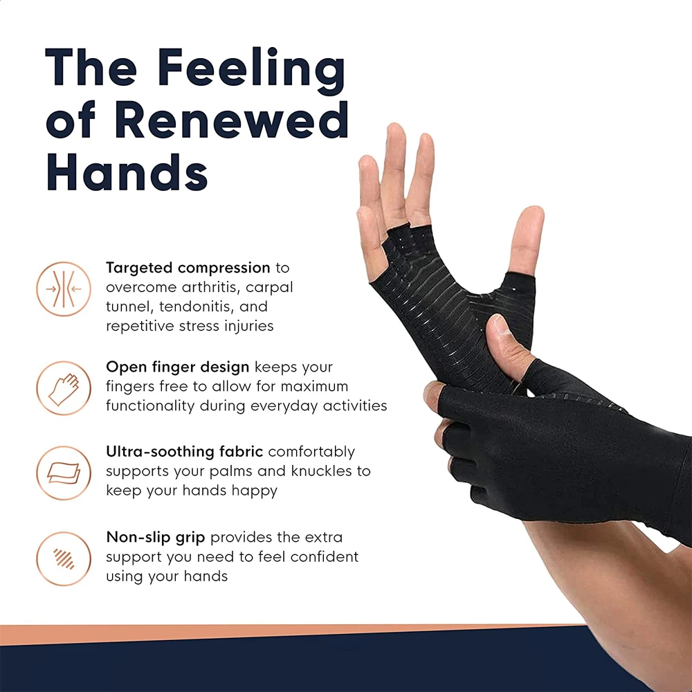 1Pair Copper Infused Fingerless Compression Gloves for Arthritis & Carpal Tunnel Relief, Relieve Hand Pain Swelling,Women Men