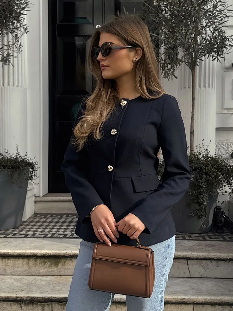 

HH женский брючный костюм, шикарный однобортный пиджак с круглым воротником и длинными рукавами + застежка-молния с высокой талией, повседневные свободные прямые брюки