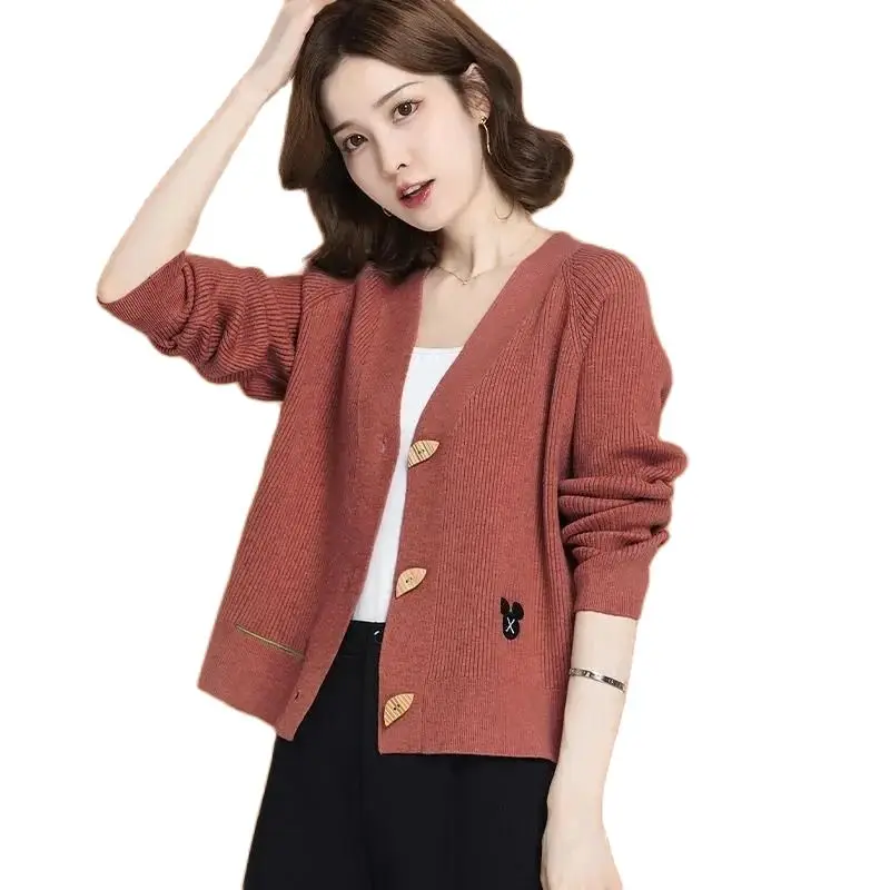 

Spring Autumn Short Sweater Jacket Women 2025New Loose V-Neck Knitwear Coat Fashion Horn Button Pure Colour Cardigan Top Female